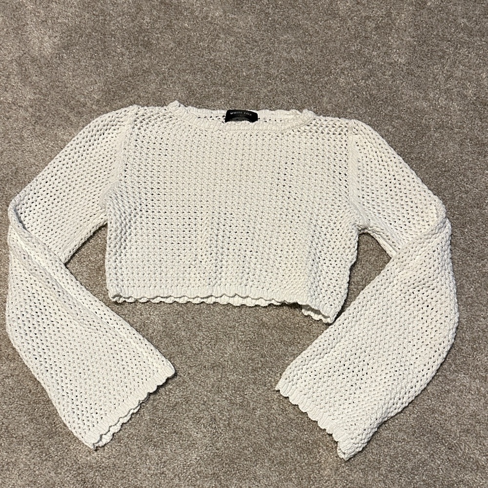 White Fox Crochet Long Sleeve Cropped Sweater